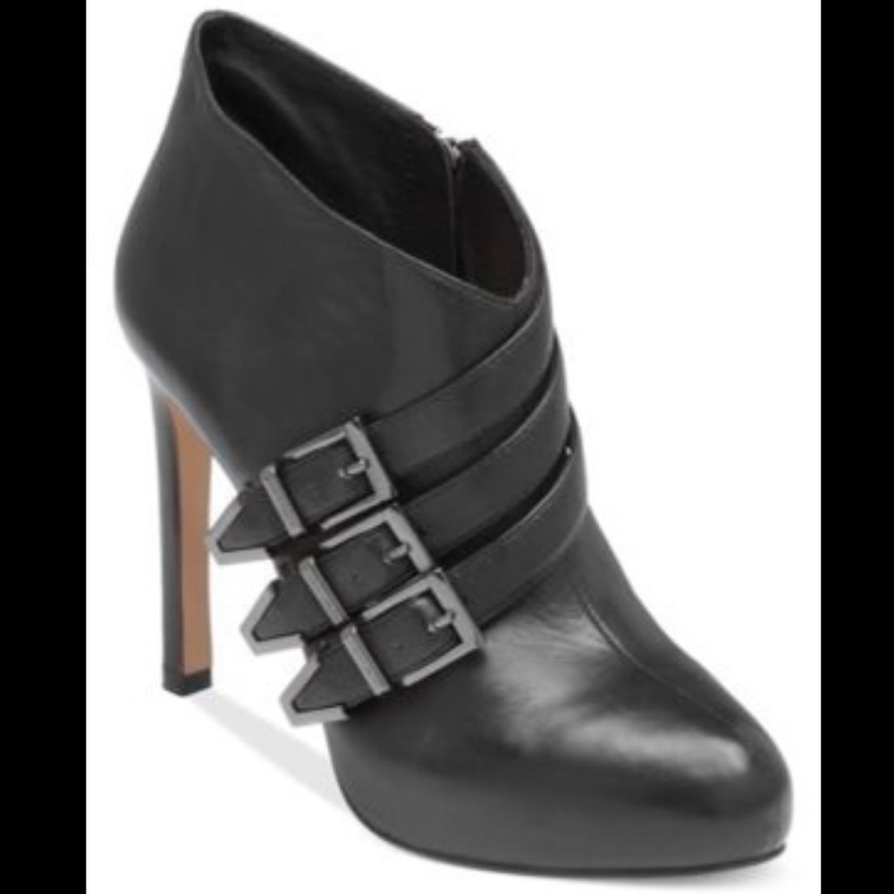 Vince Camuto Ashia Black Moto Stiletto Bootie in Genuine Leather.